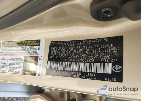 2012 Toyota Camry Xle из США, поврежденный, VIN 4T1BF1FK2CU505570